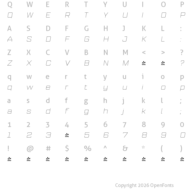 Character Map of FONTSPRING DEMO - Refinery 95 Hairline Italic Regular