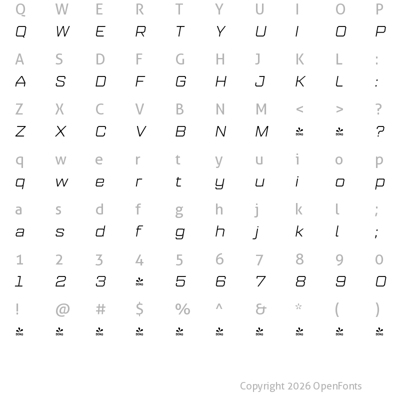 Character Map of FONTSPRING DEMO - Refinery 95 Italic Regular