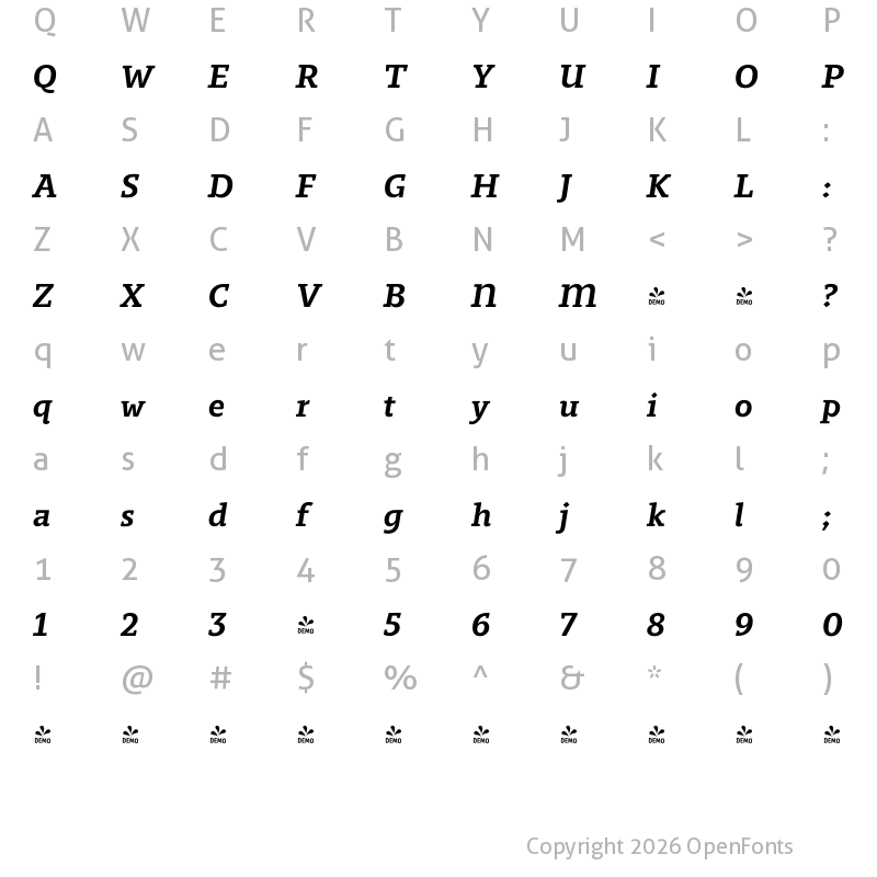 Character Map of FONTSPRING DEMO - Regime Light Bold Italic