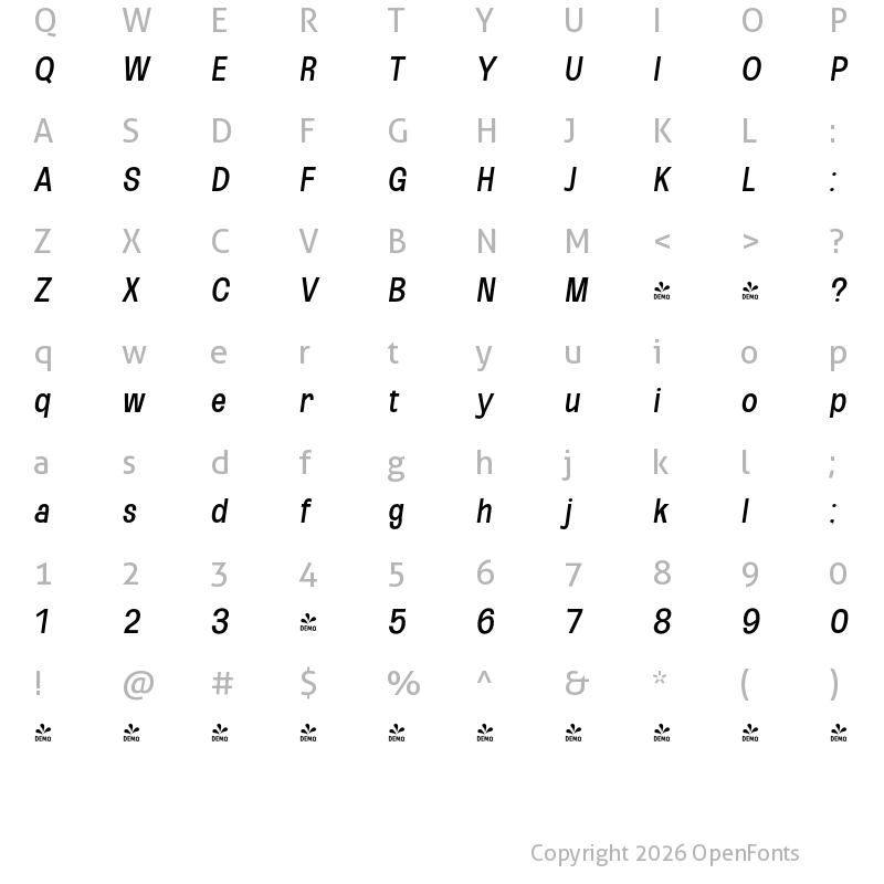 Character Map of FONTSPRING DEMO - Regular UltCond Obli Italic