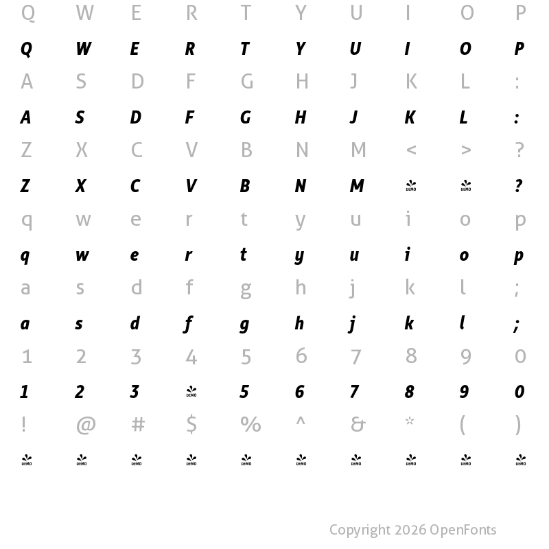 Character Map of FONTSPRING DEMO - Rehn Condensed Bold Italic