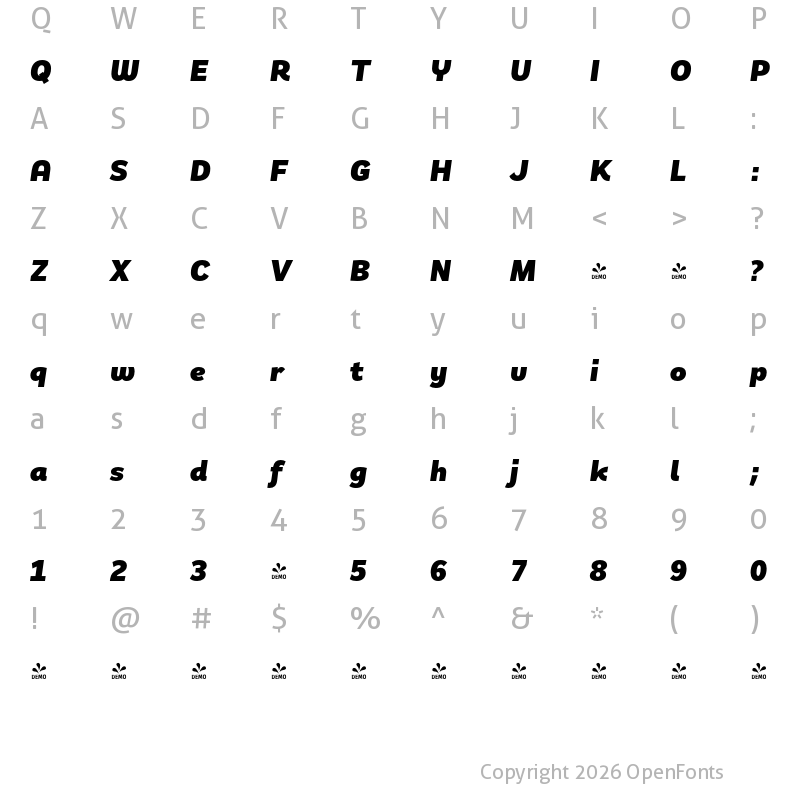 Character Map of FONTSPRING DEMO - Remora Sans W2 Black Italic Italic
