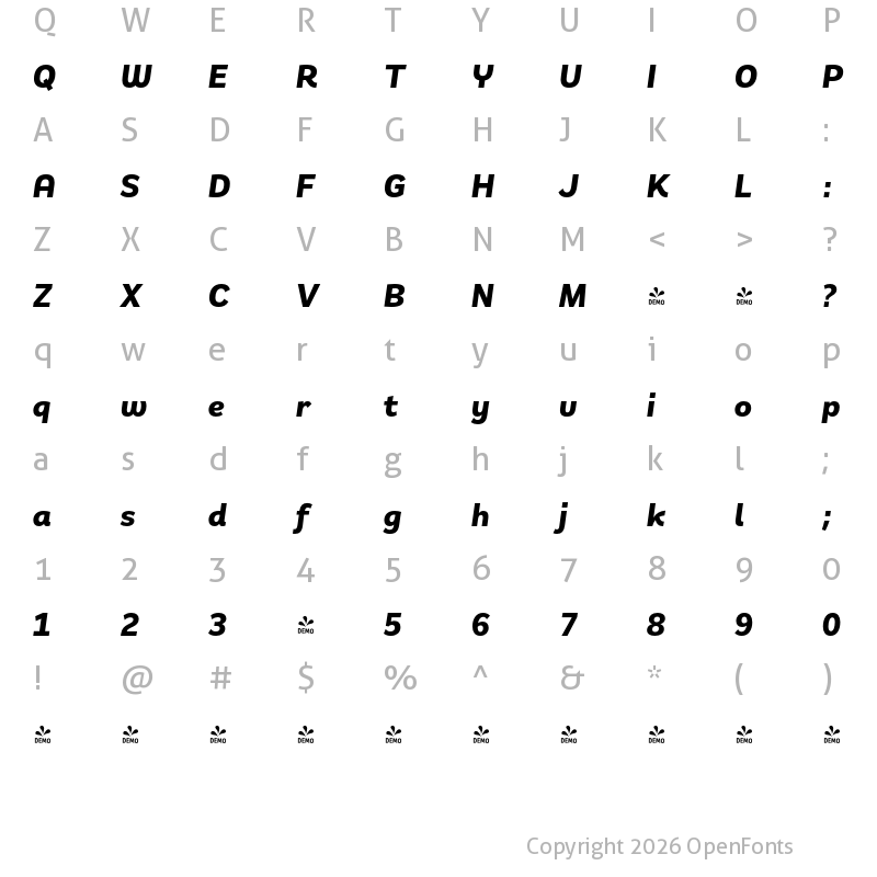 Character Map of FONTSPRING DEMO - Remora Sans W2 Bold Italic Italic