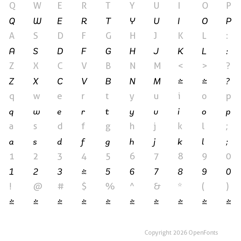 Character Map of FONTSPRING DEMO - Remora Sans W2 Medium Italic Italic
