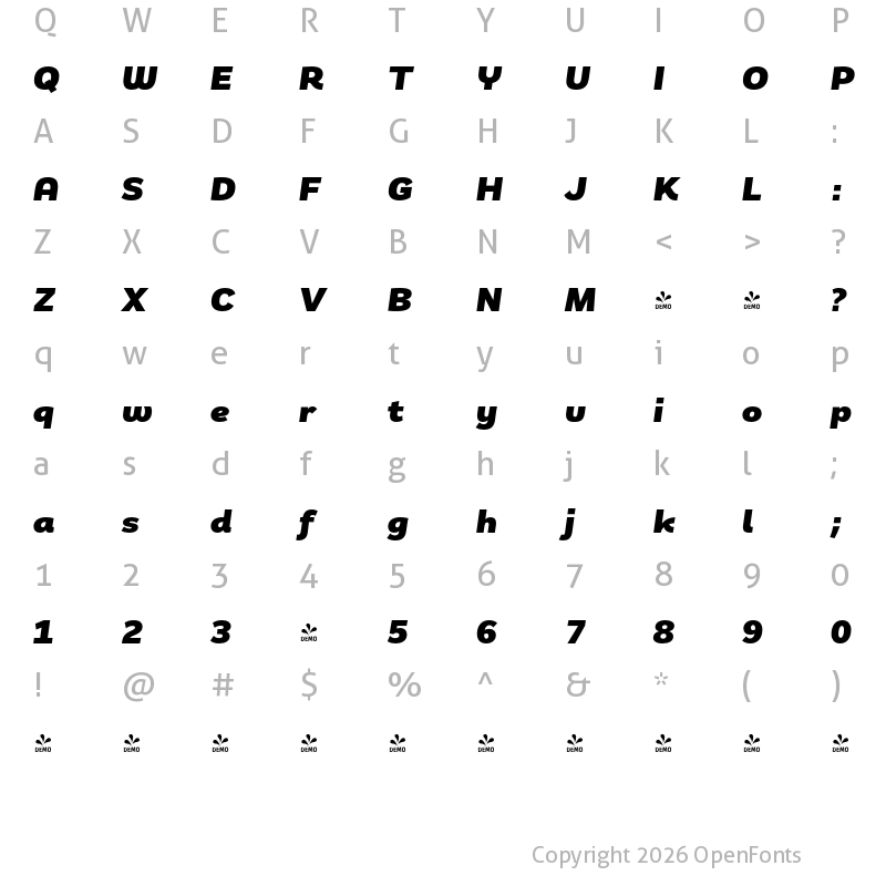 Character Map of FONTSPRING DEMO - Remora Sans W3 Black Italic Italic