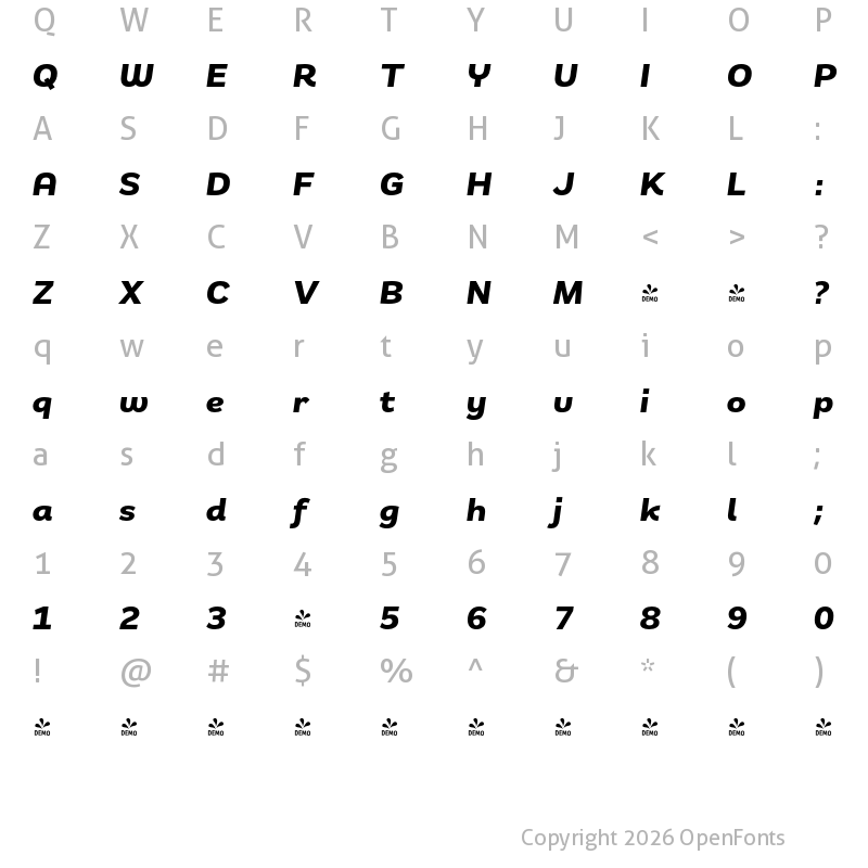 Character Map of FONTSPRING DEMO - Remora Sans W3 Bold Italic Italic