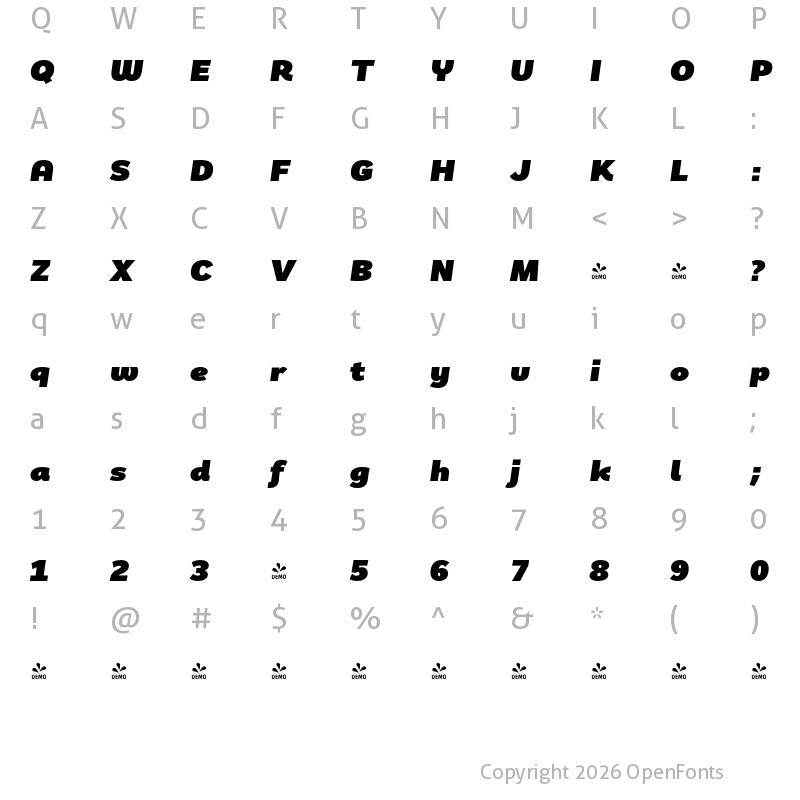 Character Map of FONTSPRING DEMO - Remora Sans W3 Ultra Italic Italic