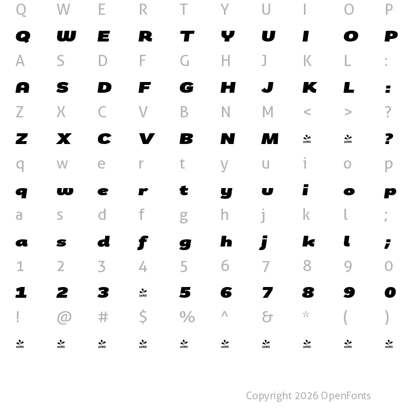 Character Map of FONTSPRING DEMO - Remora Sans W5 Ultra Italic Italic