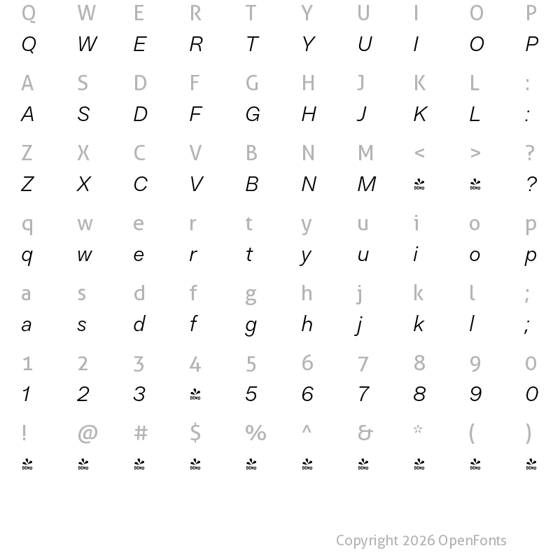 Character Map of FONTSPRING DEMO - Resist Text Light Italic