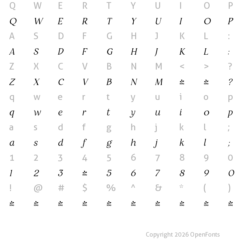 Character Map of FONTSPRING DEMO - Restora Light Italic Regular