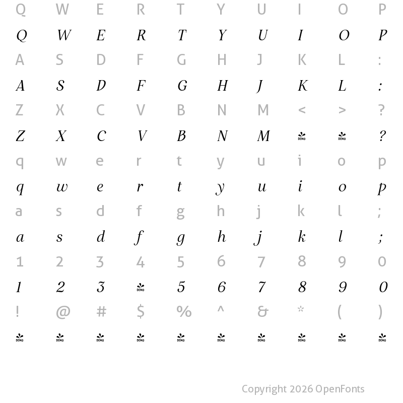 Character Map of FONTSPRING DEMO - Restora Neue Italic