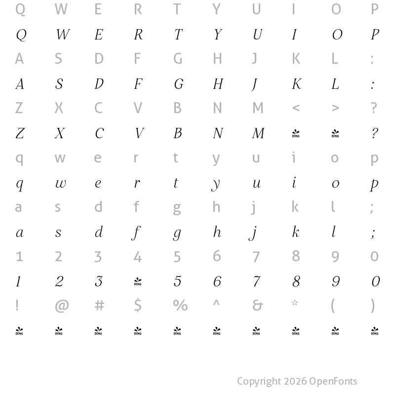 Character Map of FONTSPRING DEMO - Restora Neue Light Italic