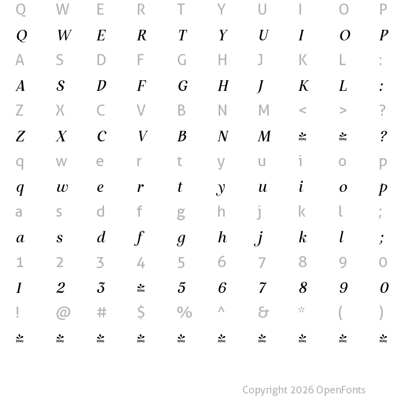 Character Map of FONTSPRING DEMO - Restora Neue Med Italic