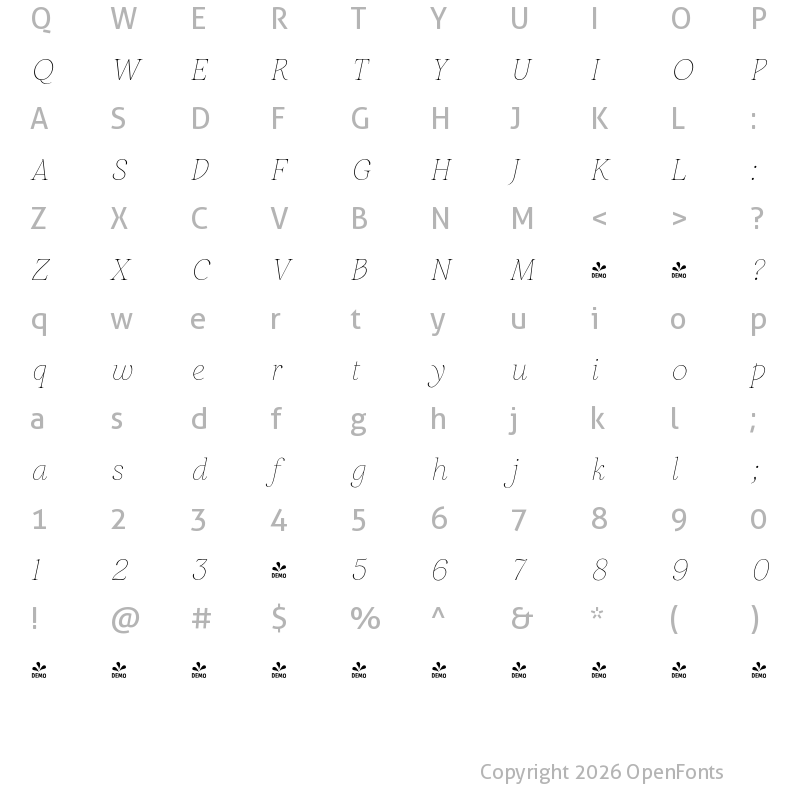 Character Map of FONTSPRING DEMO - Restora Neue Thin Italic
