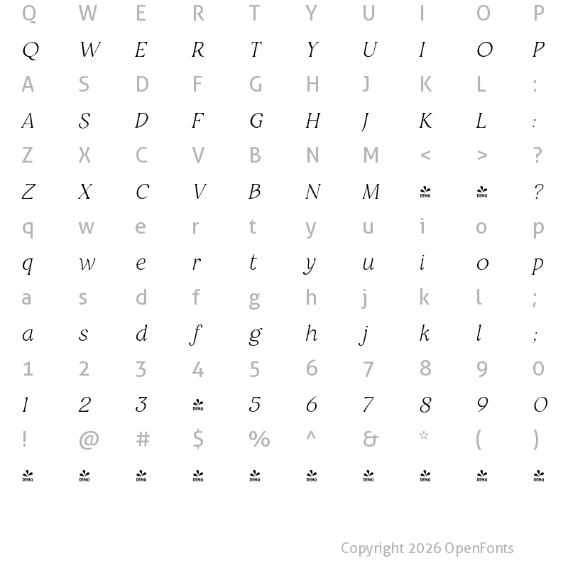 Character Map of FONTSPRING DEMO - Restora Thin Italic Regular