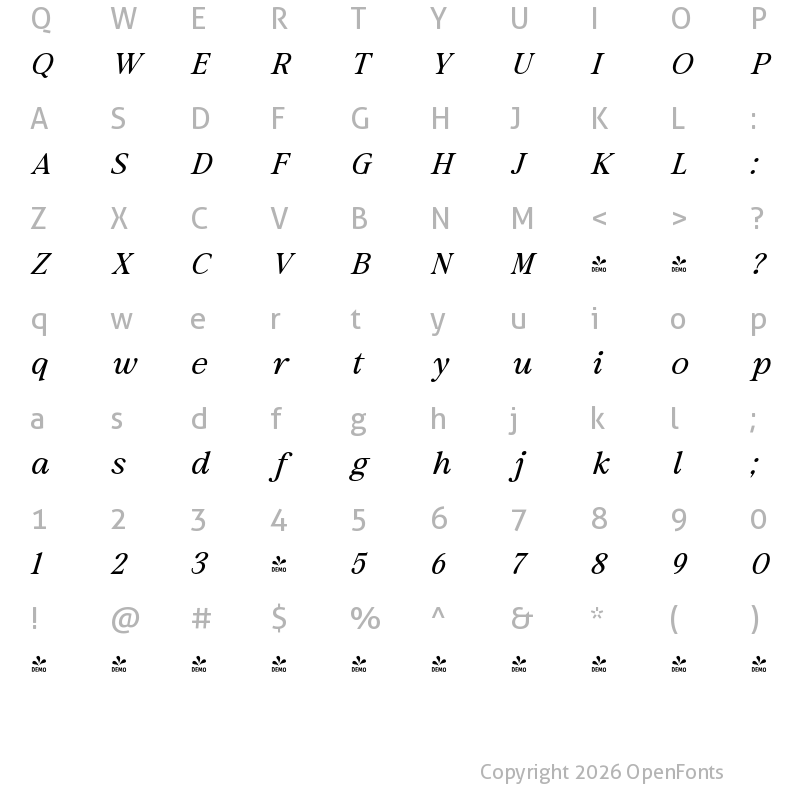 Character Map of FONTSPRING DEMO - Results Letter  Light Italic