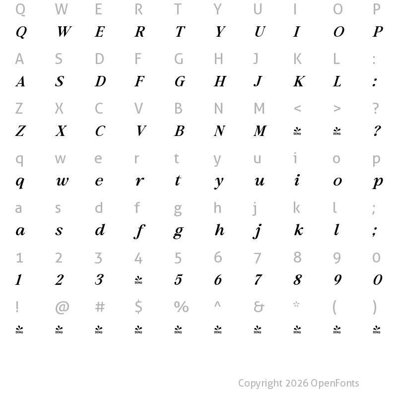 Character Map of FONTSPRING DEMO - Results Letter  Med Italic