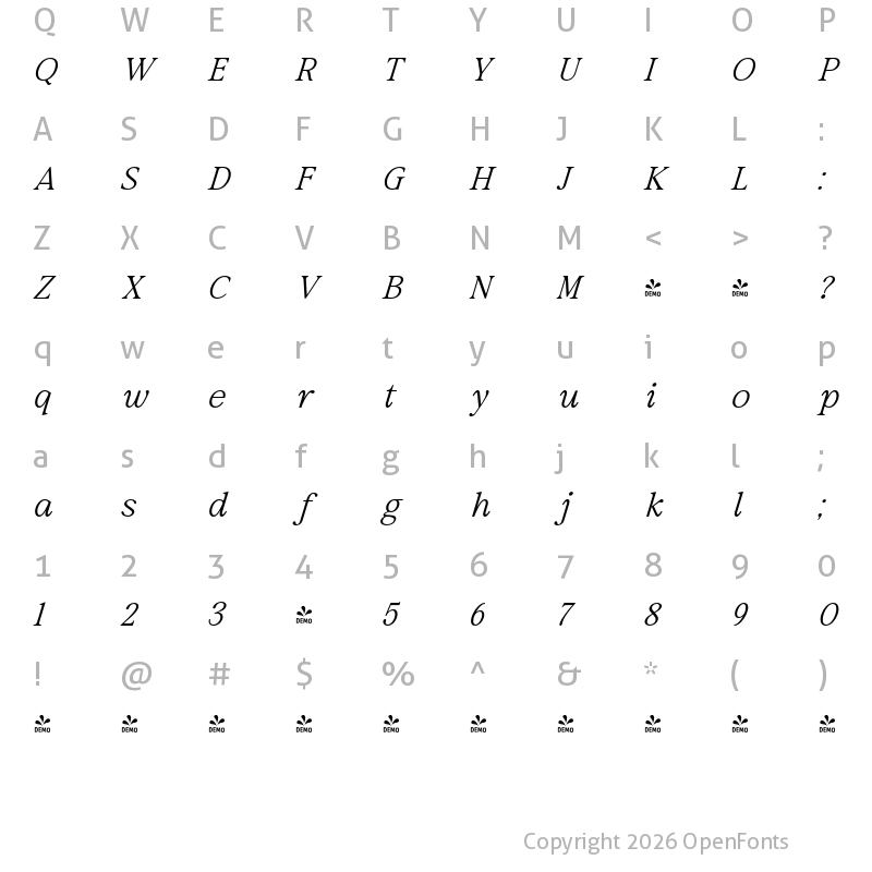 Character Map of FONTSPRING DEMO - Results Letter  Thin Italic