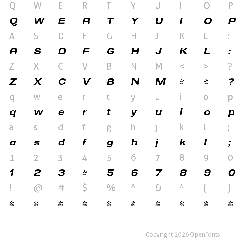 Character Map of FONTSPRING DEMO - Reversal Bold Italic