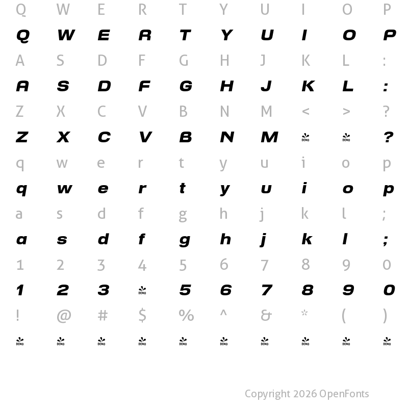 Character Map of FONTSPRING DEMO - Reversal ExtBd Italic