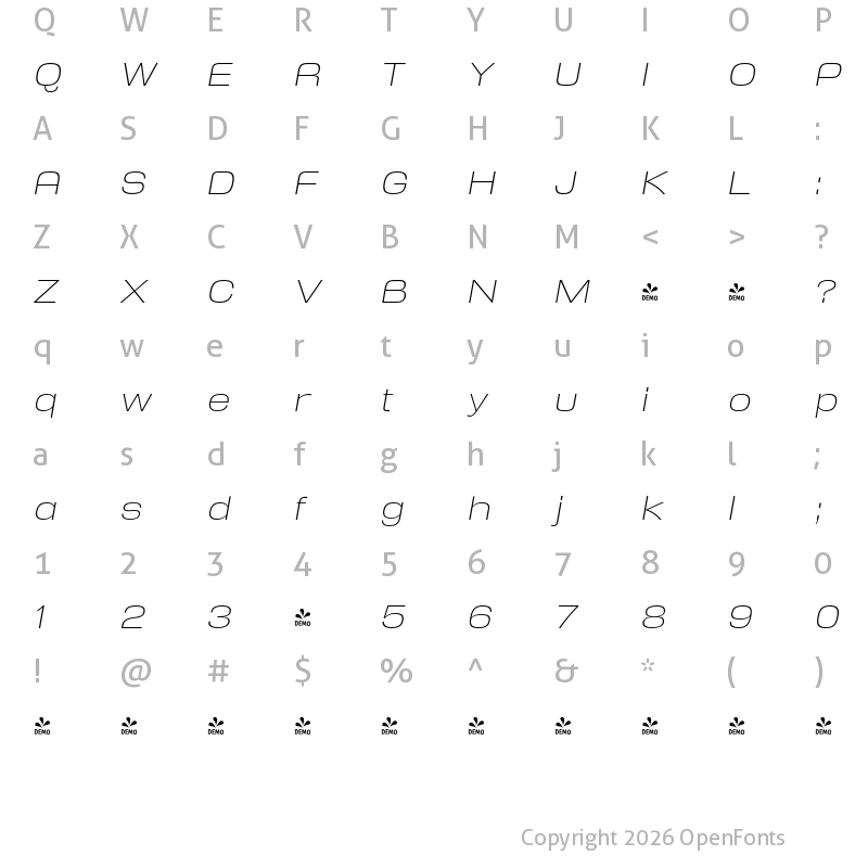 Character Map of FONTSPRING DEMO - Reversal Thin Italic