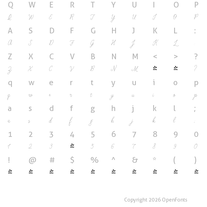 Character Map of FONTSPRING DEMO - Revista Script Thin Regular
