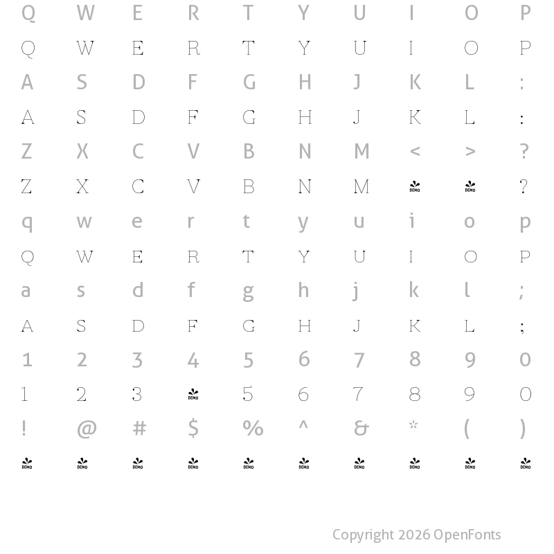 Character Map of FONTSPRING DEMO - Revista Thin Regular