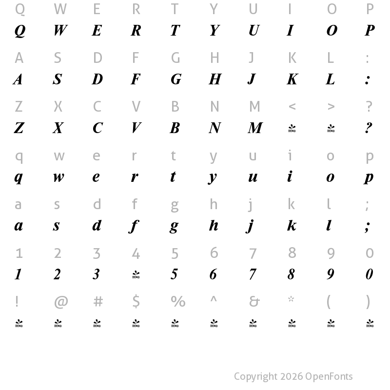 Character Map of FONTSPRING DEMO - Riccione Serial Bold Italic