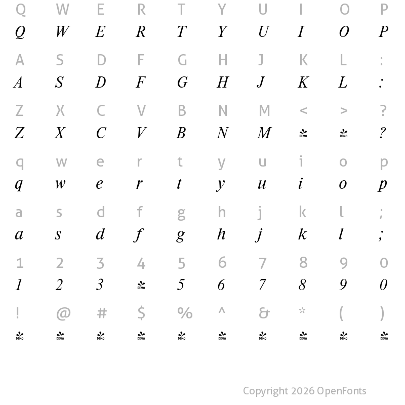 Character Map of FONTSPRING DEMO - Riccione Serial Light Italic