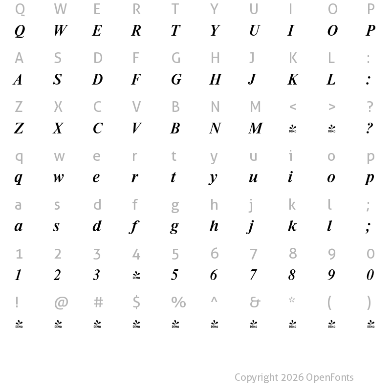 Character Map of FONTSPRING DEMO - Riccione Serial Medium Italic