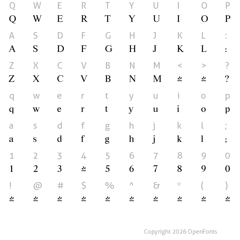 Character Map of FONTSPRING DEMO - Riccione Serial Regular
