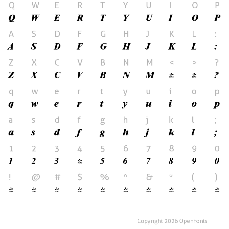 Character Map of FONTSPRING DEMO - Riccione Serial Xbold Italic
