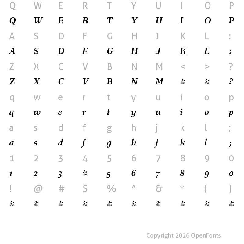Character Map of FONTSPRING DEMO - Richler Bold Italic