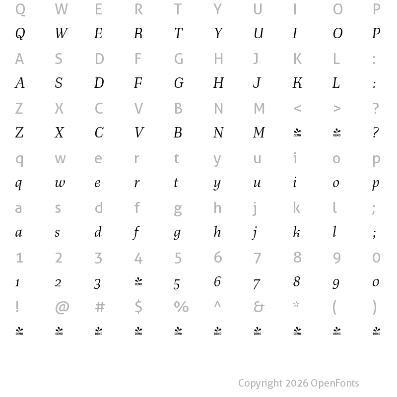 Character Map of FONTSPRING DEMO - Richler Italic
