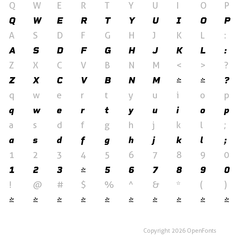 Character Map of FONTSPRING DEMO - Rigid Square ExtraBold Italic