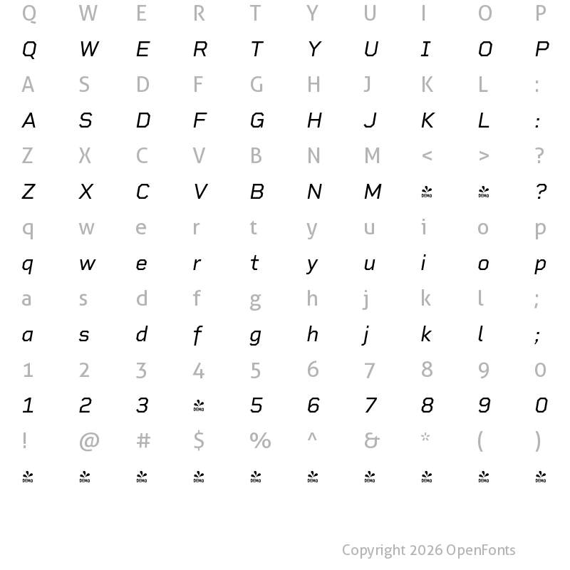 Character Map of FONTSPRING DEMO - Rigid Square Italic