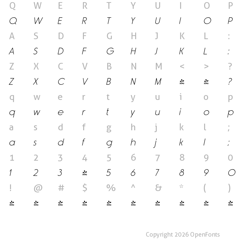 Character Map of FONTSPRING DEMO - Rimouski Lt Italic