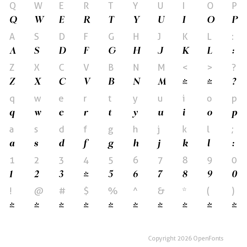 Character Map of FONTSPRING DEMO - Ringle ExtBd Italic