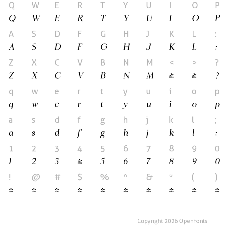 Character Map of FONTSPRING DEMO - Ringle Med Italic