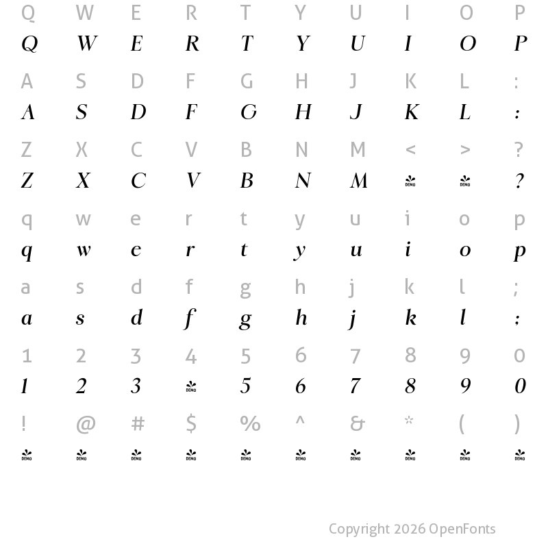 Character Map of FONTSPRING DEMO - Ringle SemBd Italic