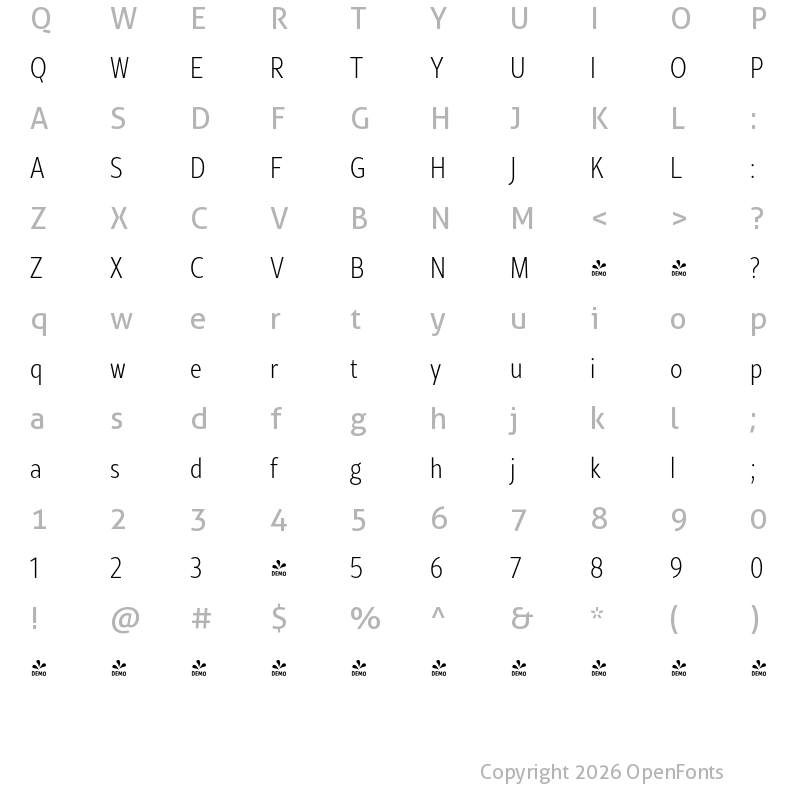 Character Map of FONTSPRING DEMO - Rival Sans Narrow ExtraLight Regular