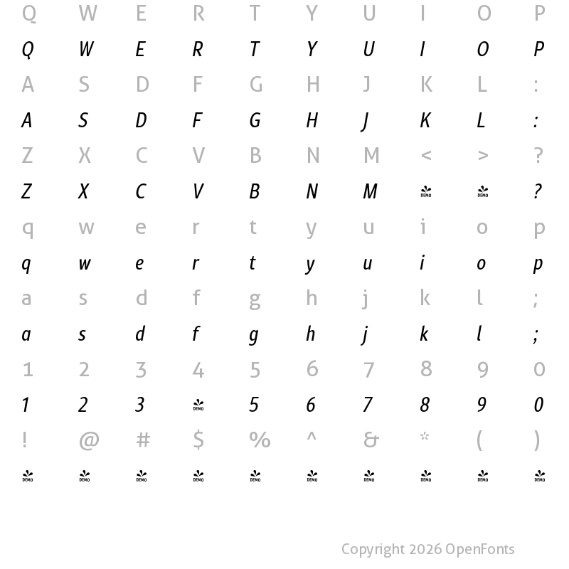 Character Map of FONTSPRING DEMO - Rival Sans Narrow Italic