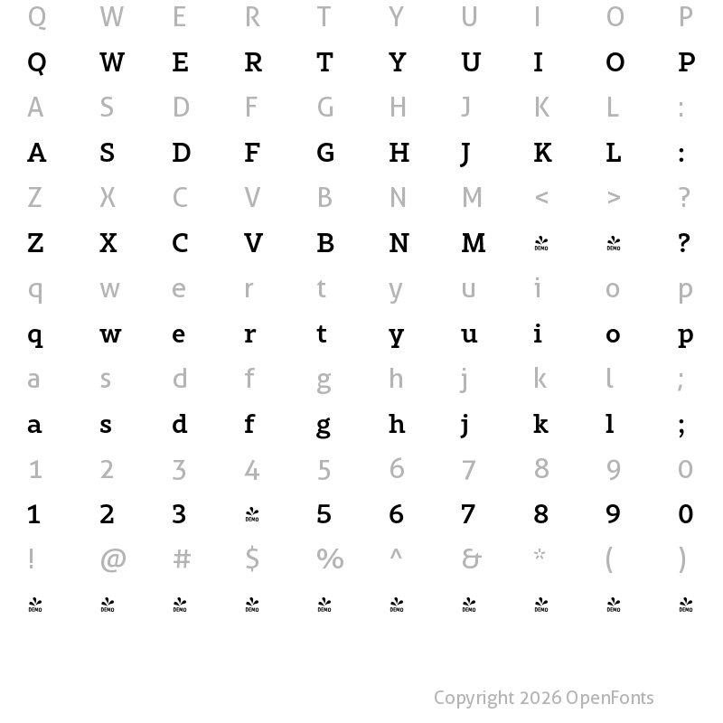 Character Map of FONTSPRING DEMO - Rival Slab Medium Regular