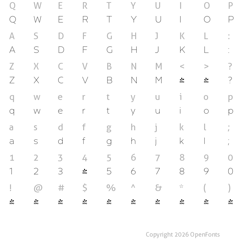 Character Map of FONTSPRING DEMO - Riveta Thin Regular