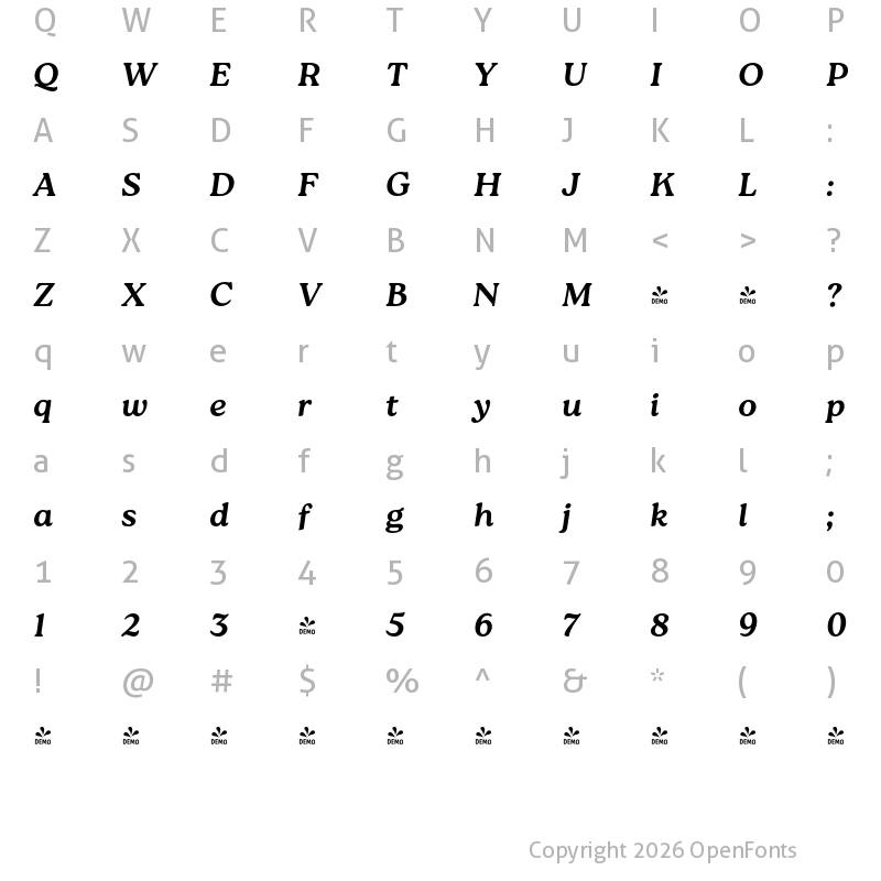 Character Map of FONTSPRING DEMO - Roca One Bold Italic