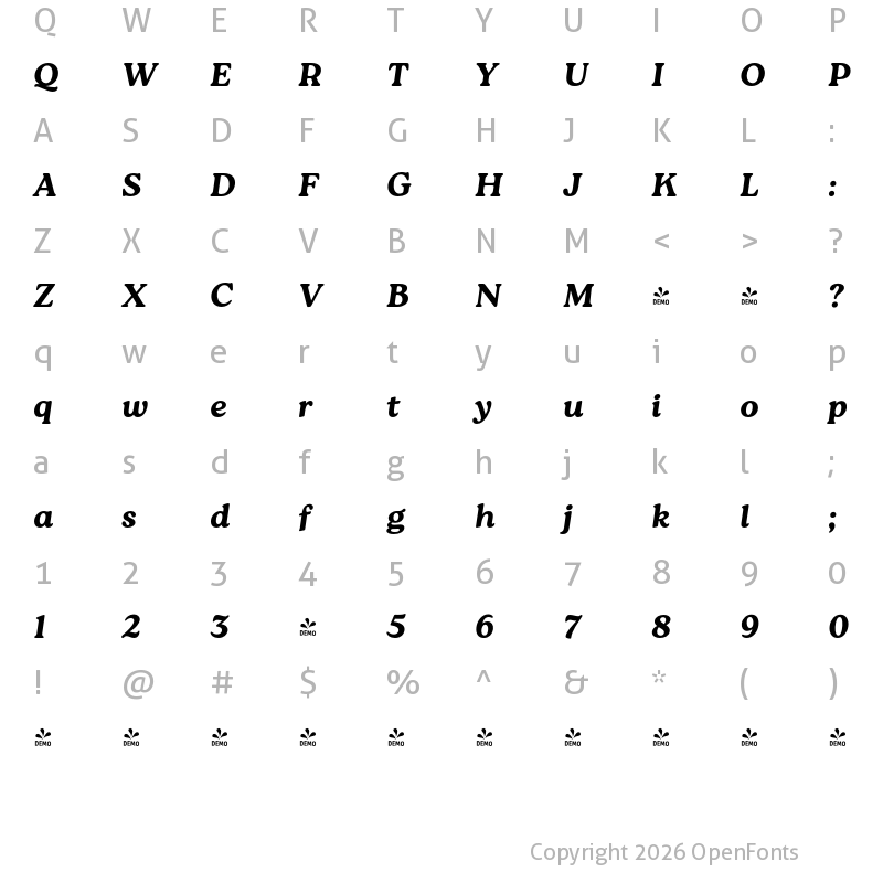 Character Map of FONTSPRING DEMO - Roca Two Black Italic