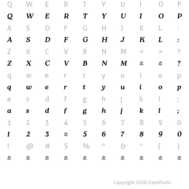 Character Map of FONTSPRING DEMO - Roca Two Bold Italic