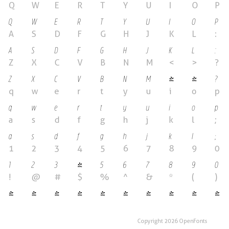 Character Map of FONTSPRING DEMO - Rockeby Cd Lt It Regular