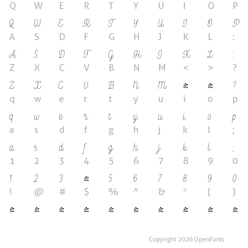 Character Map of FONTSPRING DEMO - Rockeby ScOne Light Regular