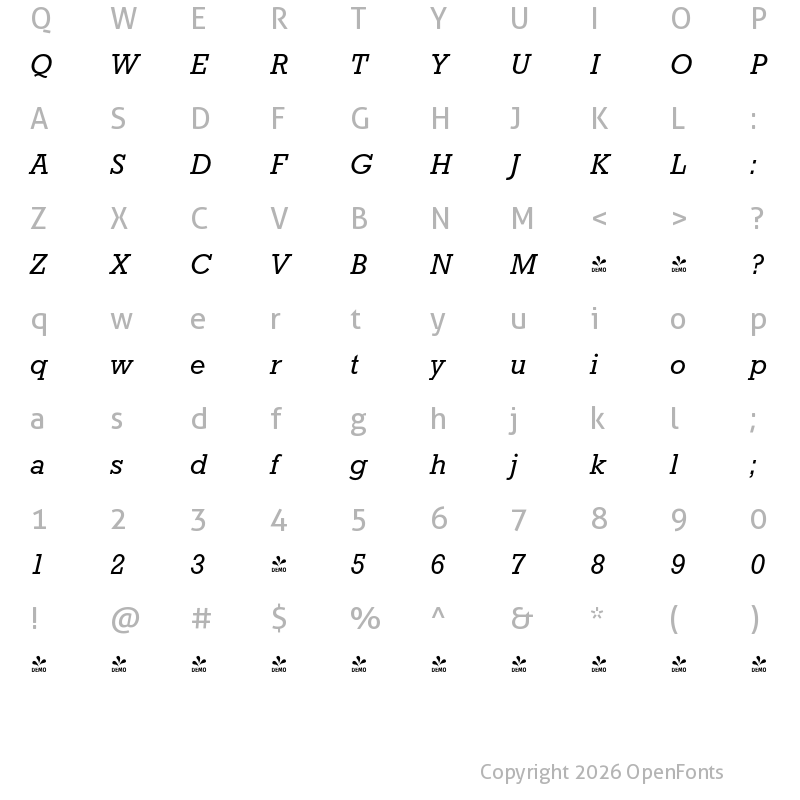 Character Map of FONTSPRING DEMO - Rockingham Italic